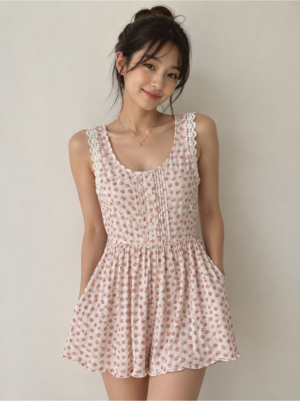 LC Lauren Conrad NWT Cream & Pink Polka Dot Lace-Trim Tunic Size S